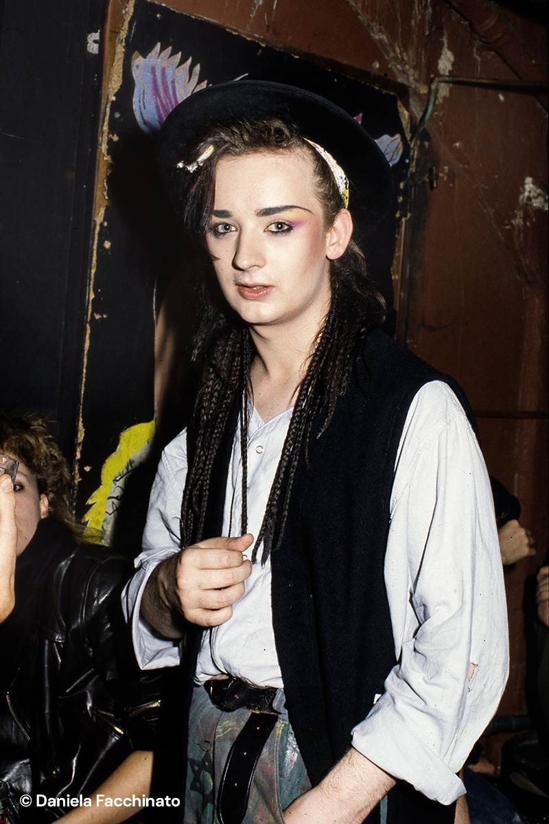 The “Blitz kid” singer Boy George dressed New Romantic at the club Blitz. London 1983