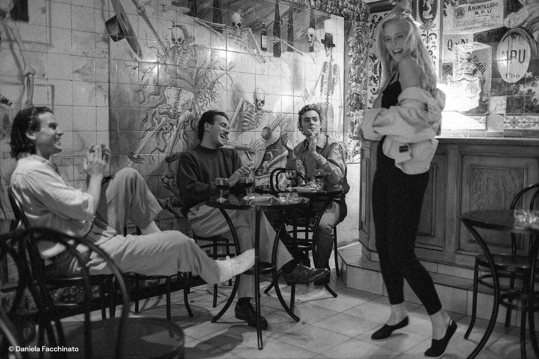 Madrid 1990. Dancing among the azulejos of the bar Los Gabriele. Adv. campaign for Massimo Osti